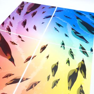 最大種のコウテイペンギンが南極の氷の海で群れを成して泳ぐ姿は、もちもちの魚雷のようです。4枚つなげると1つの絵になる！渦巻くデザインが美しいデザインペーパーです。