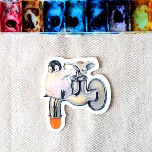 ペンギンとみかんジュースの蛇口をモチーフにした耐水ステッカーです。