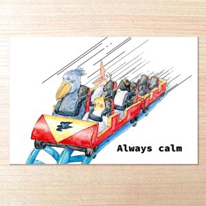 ハシビロコウと鳥たちがジェットコースターに乗っているポストカードです。